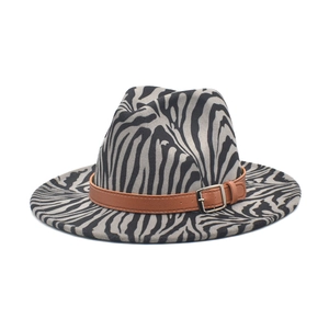 Zebra print wool fedora hat for women with brown leather band and metal buckle detail