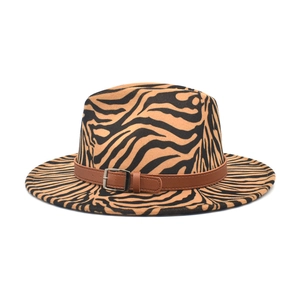 Women's autumn wool jazz fedora hat with brown animal print and belted buckle detail