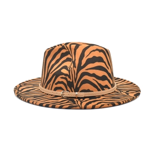 Orange and black zebra print wool fedora hat with a leather belt buckle for women