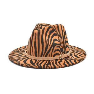 Zebra Animal Print Fedora Hat Woolen Felt Wide Brim Outdoor Travel Elegant Winter Jazz Hat For Women With Belt Buckle
