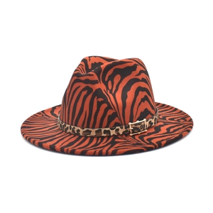Orange zebra print wool fedora hat with wide brim and leopard ribbon for outdoor style