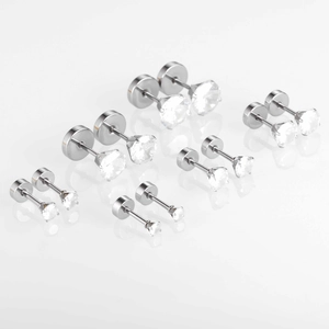Set of six pairs of silver stainless steel cubic zirconia stud earrings in varied sizes