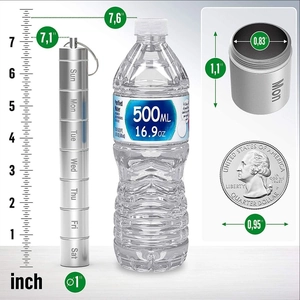 7-day aluminum pill organizer dimensions shown with ruler and water bottle reference