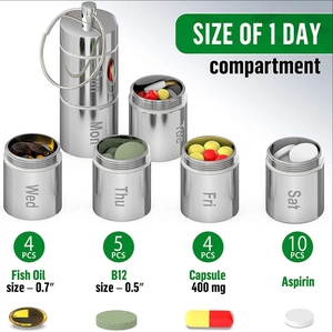 Aluminum 7-day waterproof pill organizer showing large capacity for vitamins and fish oils