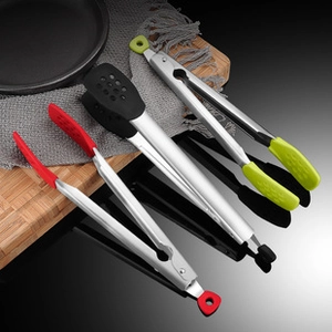 Three-piece stainless steel kitchen tongs set with red black and green silicone tips