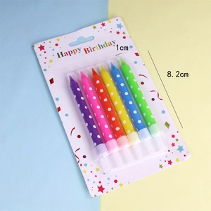 Set of 6 colorful polka dot birthday candles with Happy Birthday card packaging