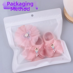 Detailed view of pink mesh flower and bow hair clips set in frosted packaging bag