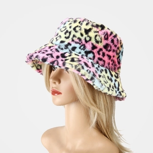 Detail of colorful leopard print faux fur bucket hat with thick warm plush texture