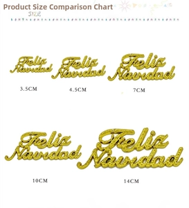 Size comparison chart for golden Feliz Navidad decorative signs in five different widths