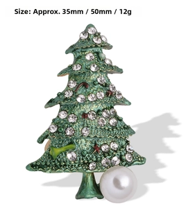 Detail of Christmas tree brooch with green enamel, rhinestones and pearl 35x50mm