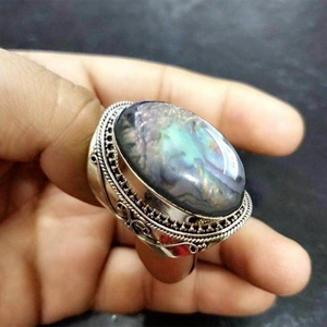 Anello In Lega Retrò Da Donna Ovale Conchiglia Di Abulone Intarsiato Argento Antico Placcato Fiore Intagliato Gioielli Etnici