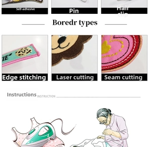 Detailed view of embroidery patches with adhesive backing, pin, and laser-cut edges
