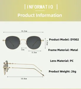 Detailed size specifications of round metal sunglasses with frame dimensions and lens measurements