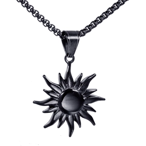 Men's vintage titanium steel sun pendant necklace with black gemstone and box chain
