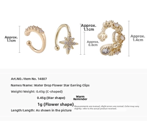 Size chart showing dimensions and weight for gold zircon star and floral ear clips
