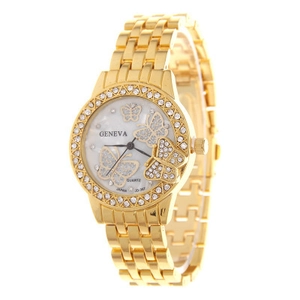 Geneva women's gold steel watch with diamond-set bezel and butterfly dial design