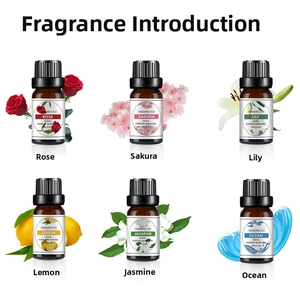 Set mit sechs 10ml ätherischen Ölen in dunklen Glasflaschen mit Blumen und Früchten