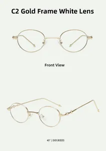 Detailed close-up of gold metal oval sunglasses with refined wavy hinges and clear lenses