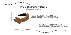 Detail view of brown velvet bow headband showing size specifications 15cm by 13cm