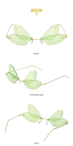 Three perspectives of green dragonfly wing sunglasses with gold metal frames