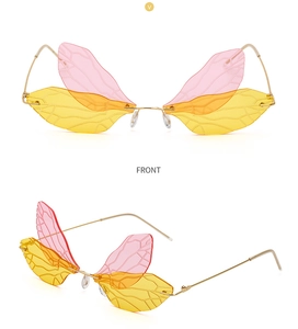 Macro detail of rimless dragonfly wing sunglasses with pink and yellow gradient lenses