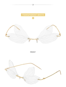 Detail view of transparent white dragonfly wing rimless sunglasses with gold metal temples