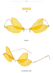 Front and side view of yellow dragonfly wing shaped rimless fashion sunglasses