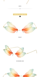 Three perspectives of dragonfly wing sunglasses with vibrant green and red gradient lenses