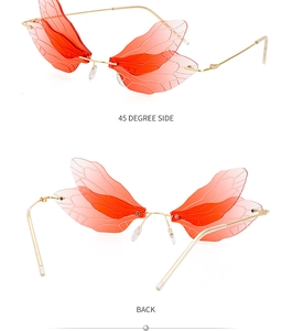 Detail view of dragonfly wing sunglasses with orange gradient lenses and gold metal frame