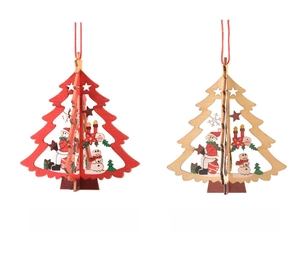 Detail of 3D laser-cut wooden Christmas tree ornaments with snowman and snowflake patterns