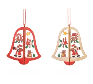 Detailed 3D laser-cut wooden Christmas bell ornaments in red and natural wood tones