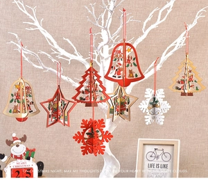 Detailed 3D laser-cut wooden Christmas ornaments with bell and tree shapes on branches