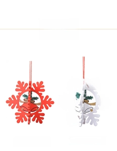 3D wooden snowflake ornaments with festive bell patterns in red and white colors