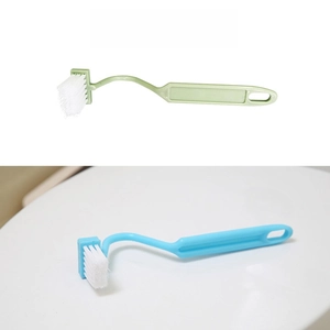 Close-up of V-shaped curved toilet brushes in light green and sky blue with long handles