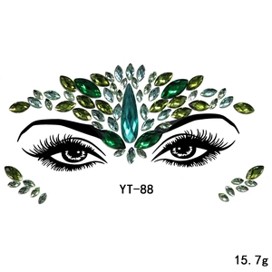 Green acrylic face rhinestone sticker detail, festival party decorative gemstone makeup.