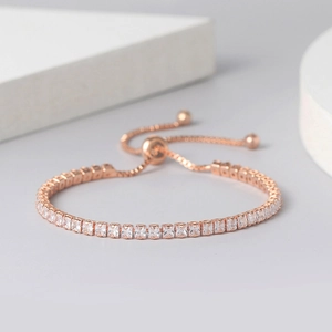 Square Cubic Zirconia Tennis Bracelet Copper Adjustable Bolo Chain Single Row Dainty Fashion Jewelry For Women