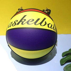 Graffiti basketball shaped crossbody bag in yellow and purple leather with chain strap