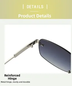 Macro shot of reinforced metal hinges and gradient lenses on rimless sunglasses