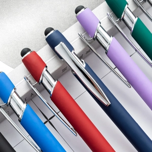 Set of six colorful retractable stylus pens with metal clips and rubber touch tips
