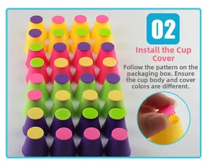 Detail of 24 colorful stacking cups showing assembly logic and lid installation steps