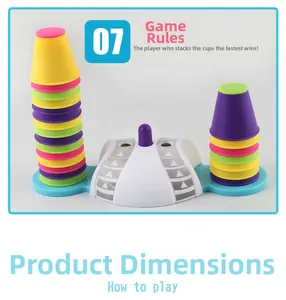 Detailed view of colorful plastic stacking cups and service bell for kids brain training
