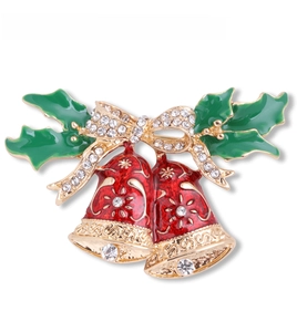 Detailed size view of Christmas bell brooch with red green enamel and white rhinestones