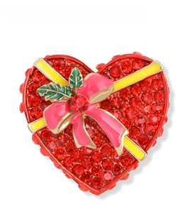 Close-up of heart gift box brooch with red rhinestones and bow detail, 35mm size