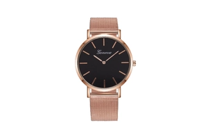 Detail of Geneva quartz watch featuring black dial with rose gold Milanese mesh strap