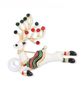 Detail of Christmas reindeer brooch with white enamel, rhinestones and pearl 50x45mm