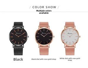 Three minimalist men's quartz watches with stainless steel mesh straps in black and rose gold