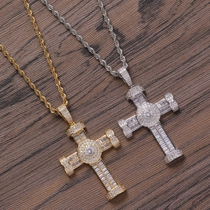 Hip hop style gold and silver cross pendants with cubic zirconia on twisted rope chains