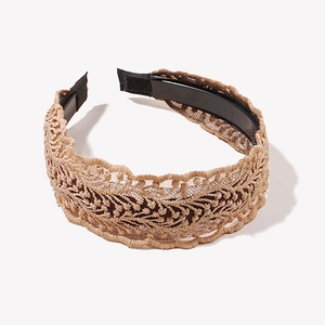 Brown lace headband with leaf embroidery and non-slip plastic inner frame on white background