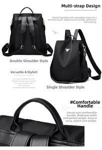 Detail showing multi-way wear options for water-resistant black nylon backpack