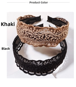 Detail view of khaki and black wide lace headbands with elegant embroidery patterns